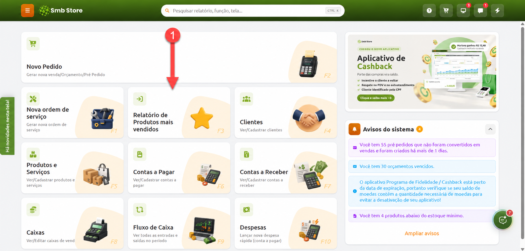 Painel principal do sistema Smb Store com atalhos de navegação para vendas, cadastros e finanças, destacando com o número 1 o botão para acessar o Relatório de Produtos mais vendidos.