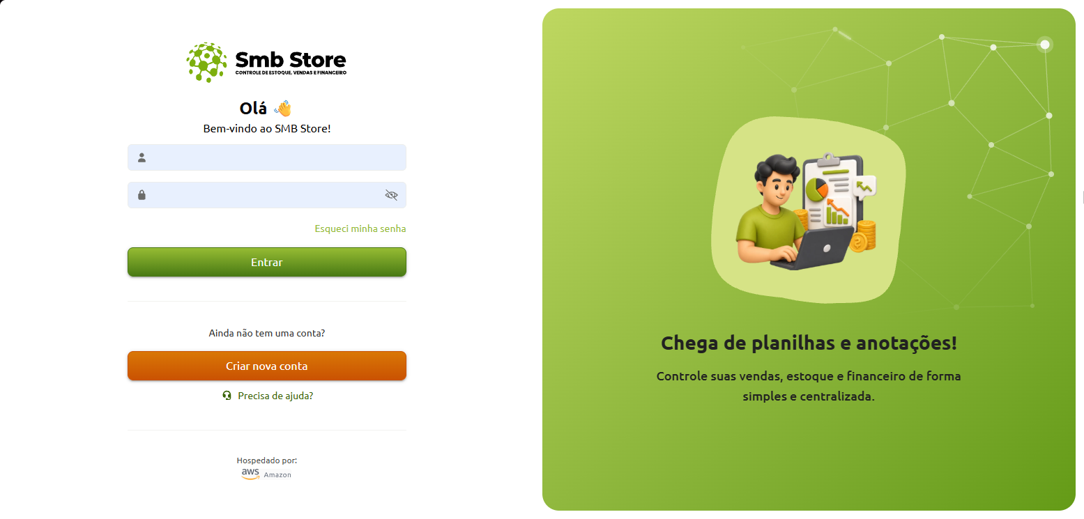 Tela de login do sistema Smb Store, contendo campos para usuário e senha, botão de entrar, link para recuperação de senha e botão para criação de nova conta.