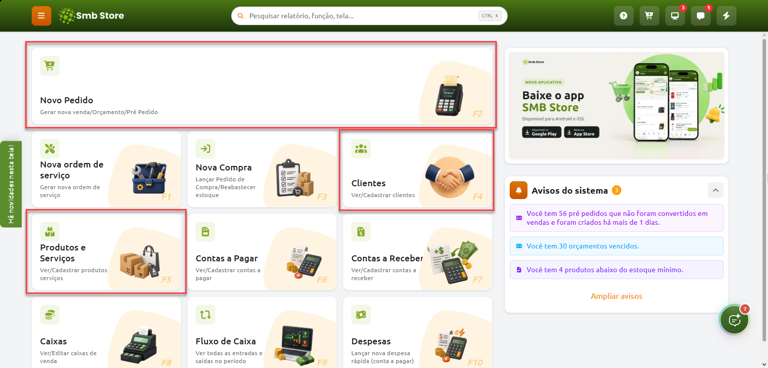 Painel inicial do sistema Smb Store com cartões de acesso rápido às funções de gestão, destacando as opções Novo Pedido, Clientes e Produtos e Serviços.