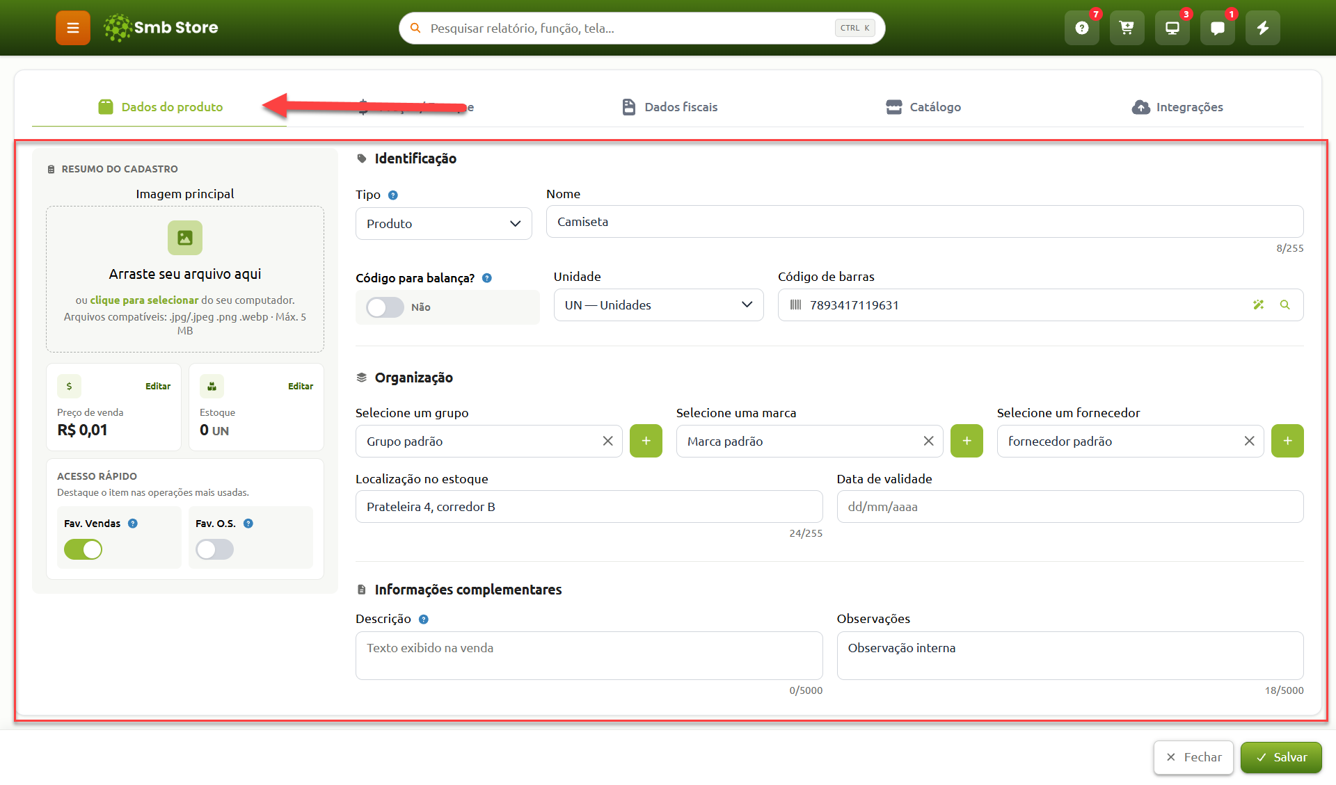 Tela de cadastro de produto no sistema Smb Store, na aba "Dados do produto", com seções para inserção de imagem, identificação do item, organização de estoque e informações complementares.