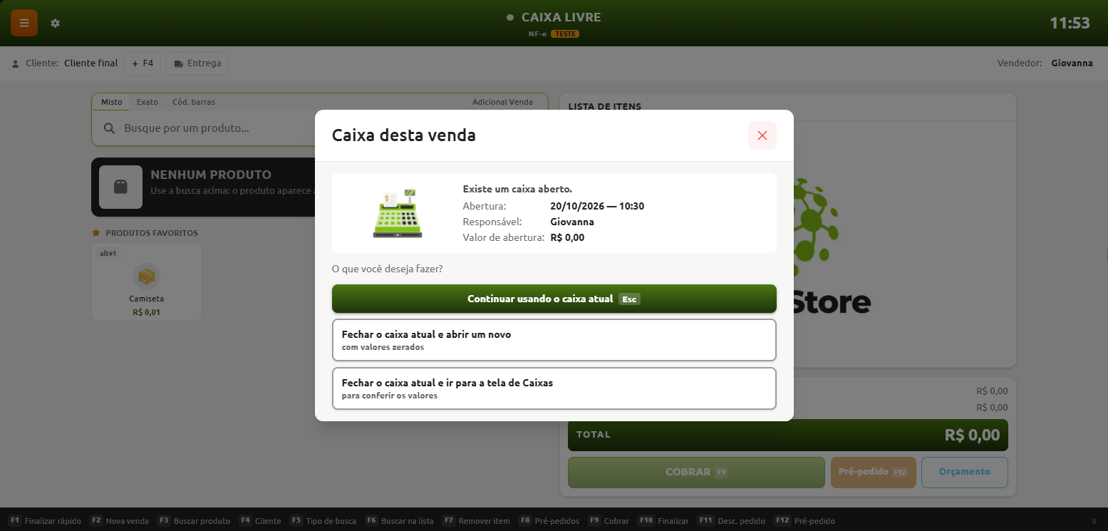 Tela do ponto de venda com janela modal informando que já existe um caixa aberto, exibindo dados da abertura e opções para continuar usando o caixa atual, abrir um novo ou ir para a tela de caixas.