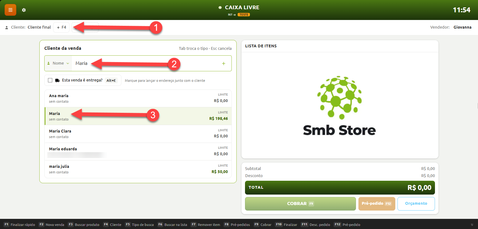 Tela do sistema Smb Store em estado de caixa livre, apresentando o passo a passo para vincular um cliente à venda por meio do atalho de busca por nome e seleção na lista de cadastros.