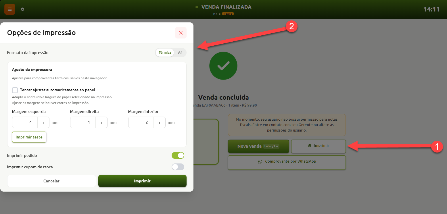 Tela de venda concluída com uma sequência indicada por setas numéricas: o passo 1 destaca o botão de imprimir comprovante, que abre, no passo 2, a janela de opções de impressão com configurações de formato térmico ou A4, ajustes de margens e impressão de pedido ou cupom de troca.