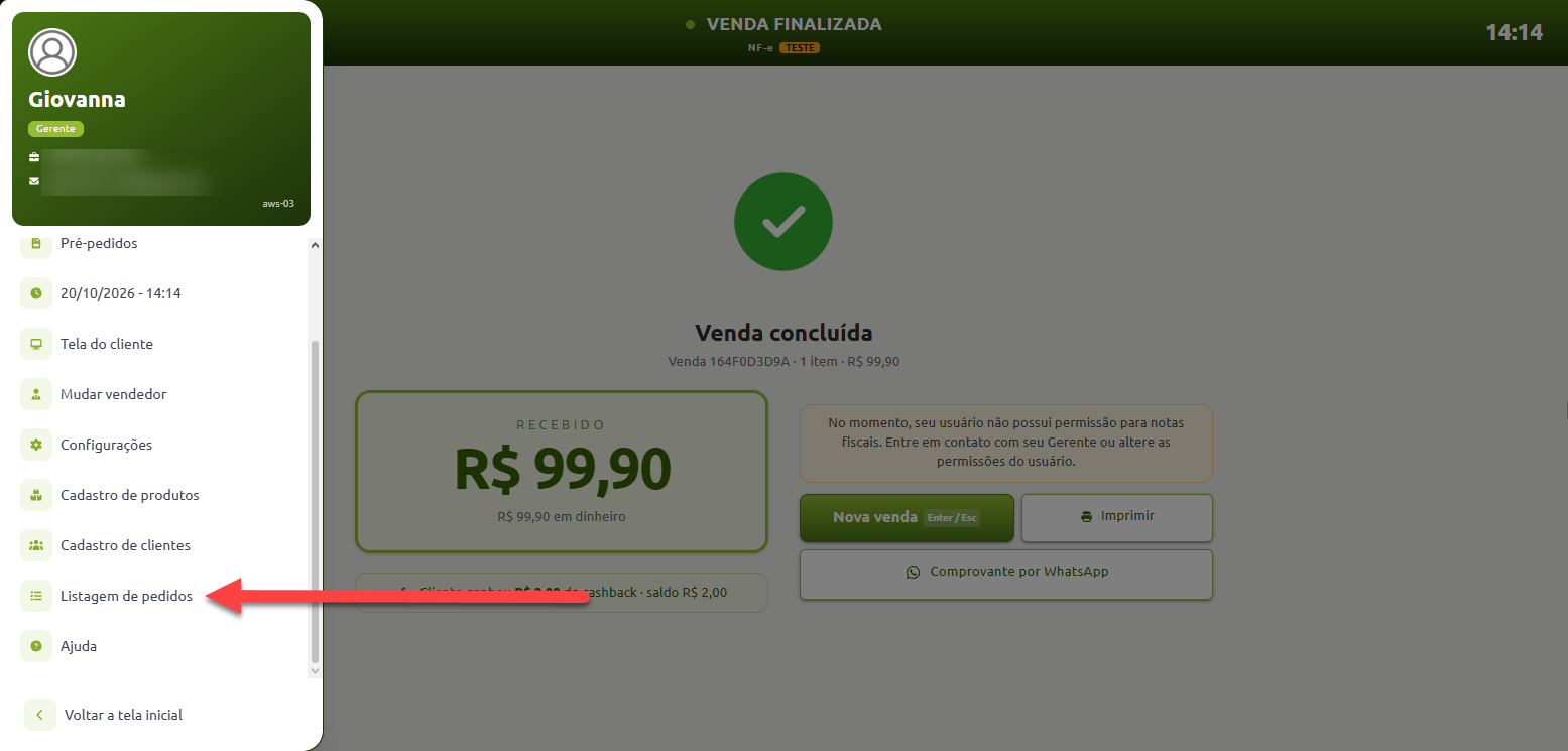 Tela de confirmação de venda concluída no sistema de caixa, com o menu lateral aberto e uma seta destacando a opção Listagem de pedidos.