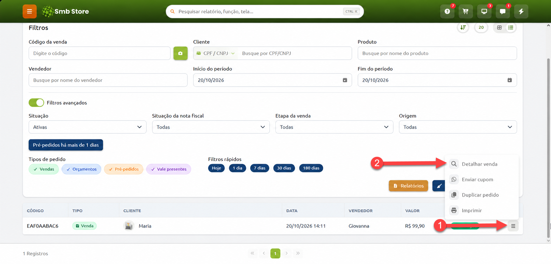 Tela de consulta de vendas no Smb Store, com instruções indicando o clique no menu de opções de um registro de venda e a seleção da opção Detalhar venda.