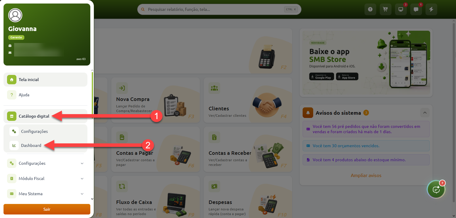 Menu lateral do sistema aberto com indicações numeradas para as opções "Catálogo digital" e "Dashboard".