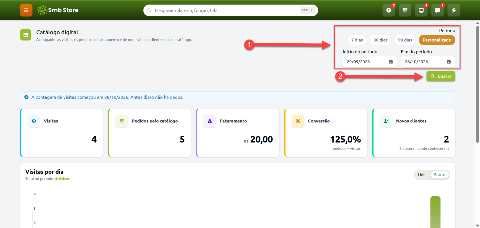 Painel de métricas do catálogo digital com destaque para a seleção de datas no filtro de período personalizado e o botão para realizar a busca.