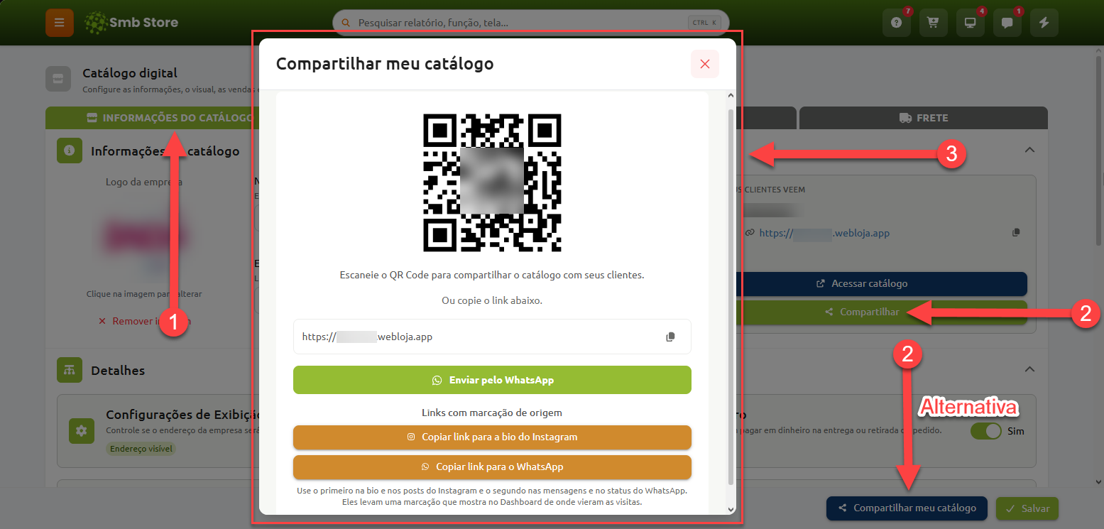 Janela de compartilhamento do catálogo digital na plataforma Smb Store, exibindo QR Code, link direto de acesso e opções para envio pelo WhatsApp ou cópia de links rastreados para Instagram e WhatsApp.